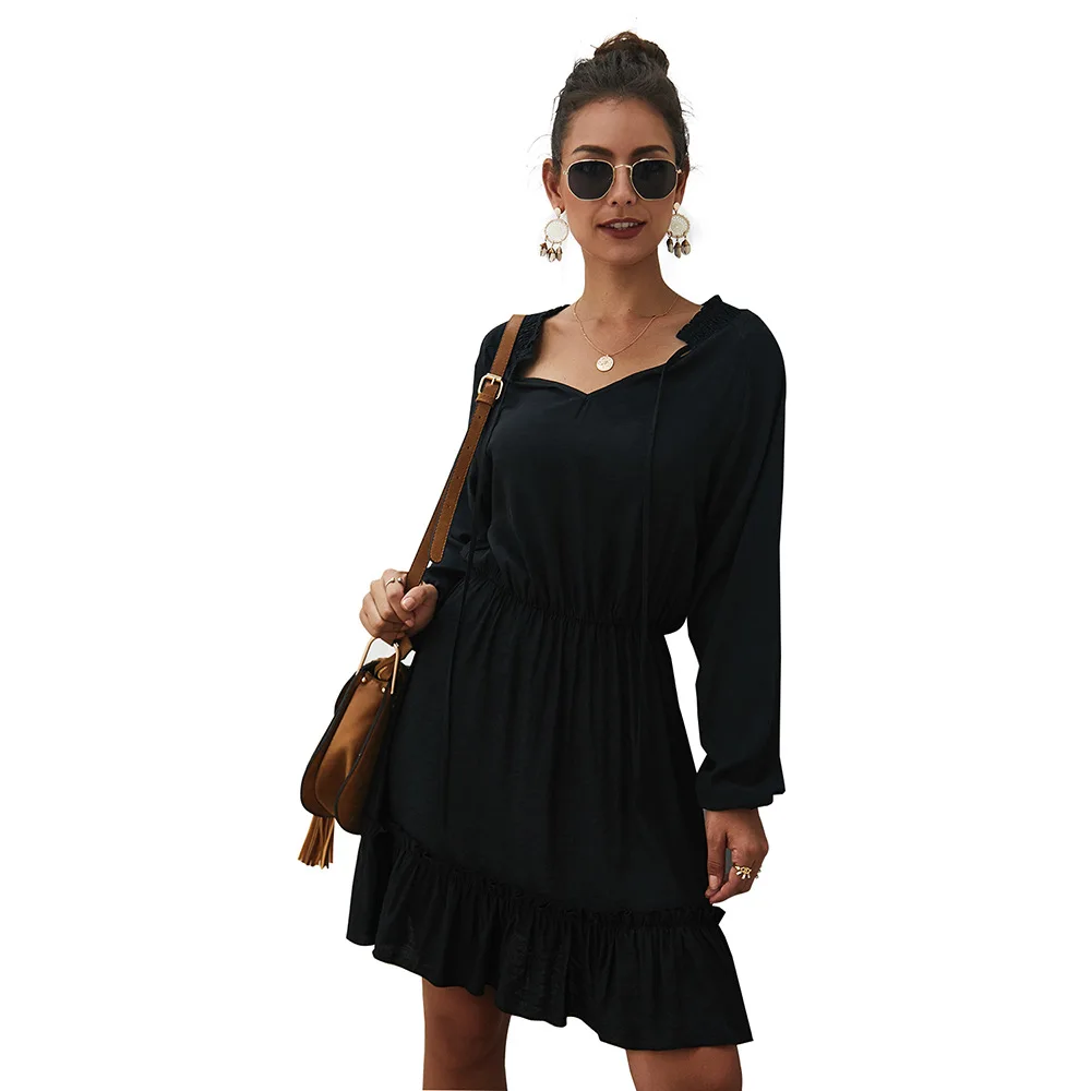

Autumn Midi Dress 2019 Ruffle Casual Solid Bandage V Neck Designer Long Sleeve High Quality Women Fashion Clothes New Arrival