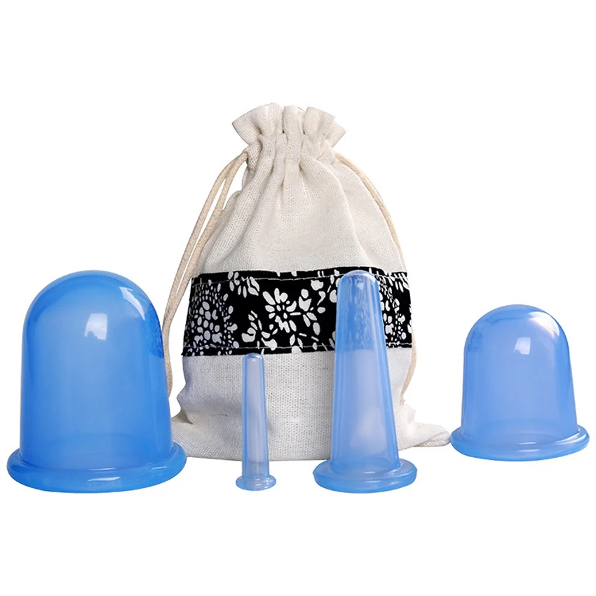 4 шт. силиконовый массажер для лица Набор банок вакуумный массажер для тела чашки целлюлитная терапия Лицо Присоски набор тела помощник подарочная сумка - Цвет: blue