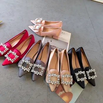 

Satin Pointed Toe Shoes Woman Elegant Zapatos De Mujer Rhinestone Square Buckle Single Shoes Chunky Heel Ladies Wedding Shoes