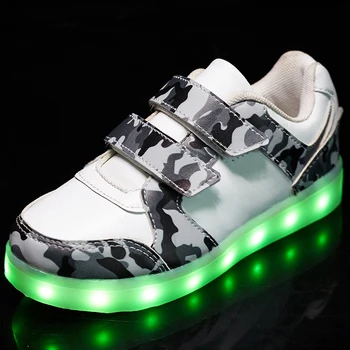

New Fashion Bright Solid USB Led Light Up Kid Shoes Breathable Hook &Loop Children Charging Luminous Sneakers For Girl&Boy 25-37
