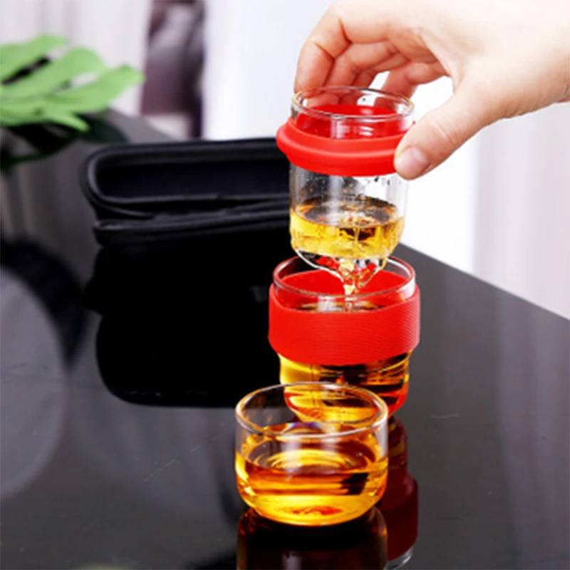 Portable Double Wall Teaware Set, Water Bottle, Kung Fu Tea with Carring Bag, Heat-Resistant Tea Filter, Travel Drinkware