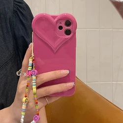 INS Cute Love Heart Smiley Round Beads Phone with Chain Case For iPhone 11 12 13Pro XS Max X XR 7 8 Plus SE 2022 Soft Back Cover