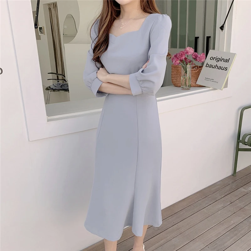

Square Collar Solid Chiffon Dress Midi Summer White Elegant Office Korean Blue a Line Robe Femme Vestiti Donna Sukienki Clothes