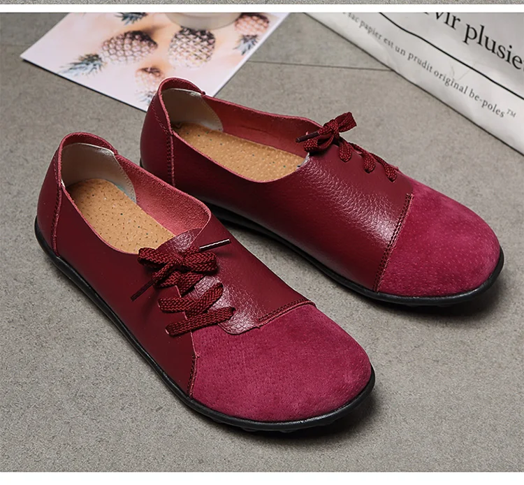 New Women Shoes 2021 Spring Genuine Leather Moccasins Flats Shoes Woman Lace-Up Casual Ladies Driving Shoes Plus Size 35-44