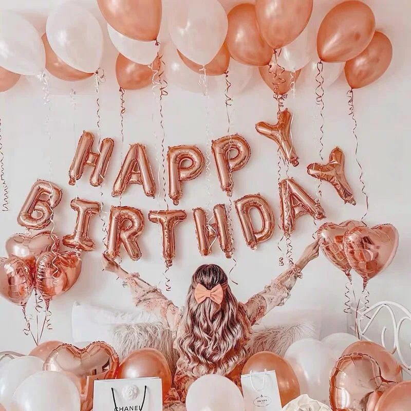 40Pcs Rose Gold Happy Birthday Letter Heart Foil Balloon Curtain Baby Shower Anniversary Party Decoration Supplies