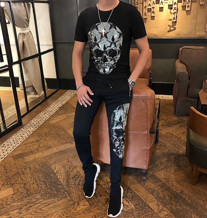 

high quality 2019 Fashion Two Piece Set Top+pant Men Tracksuit Men Set Slim Fit Outfits Men Set
