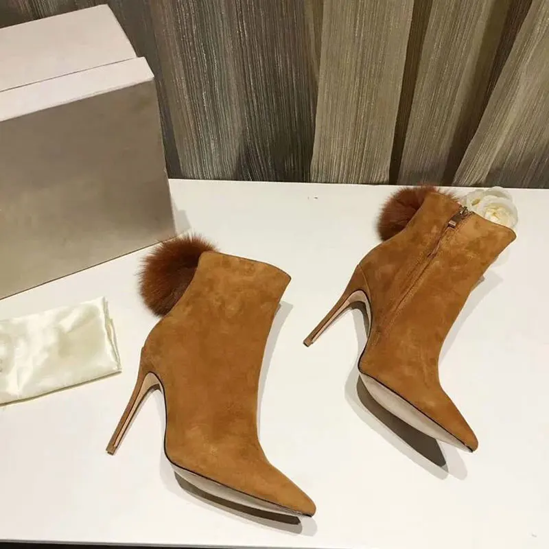New Fashion Luxury Boots Women Designers Kid Suede Zip Pointed Toe Thin Heels Super High(8cm-up) Ankle Women Boots