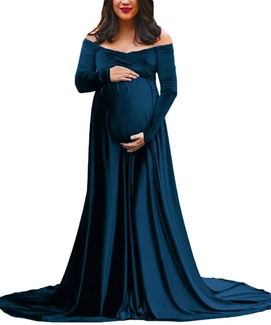 New Pleuche Maternity Dress Photography Long Pregnancy Dresses Elegence Maxi Maternity Gown Photo Prop For Pregnant Women Shoot - Цвет: Dark blue