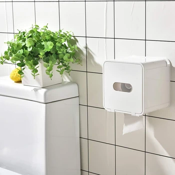 

Waterproof All Covered Toilet Paper Holder Box,Wall Mounted Bathroom Paper Roll Holder,Adhesive Tissue Box with Shelves Storage,