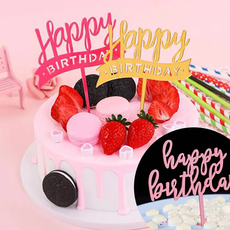 Creative Acrylic Happy Birthday Cake Topper Golden Acrylic Birthday Party Dessert Decoration For Baby Shower Baking Supplies Cake Decorating Supplies Aliexpress