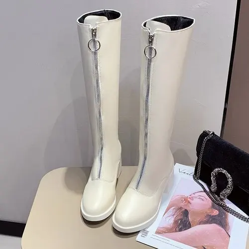 New Slim Boots Sexy Knee High Red Leather Women Snow Boots Women's Fashion Winter Thigh High Boots Shoes Woman - Цвет: Бежевый