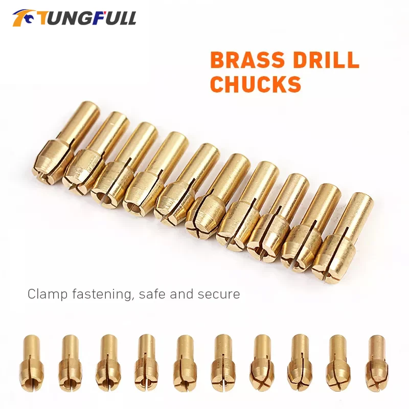 10pcs 0 5 3 2mm mini copper chucks electric drilling bit collet micro twist drill chuck collets power tools accessories Tungfull Tool Accessories 10Pcs Mini Brass Drill Chucks Collet Bits 0.5-3.2mm Rotary Tool Electric Micro Drill Collets Clamp