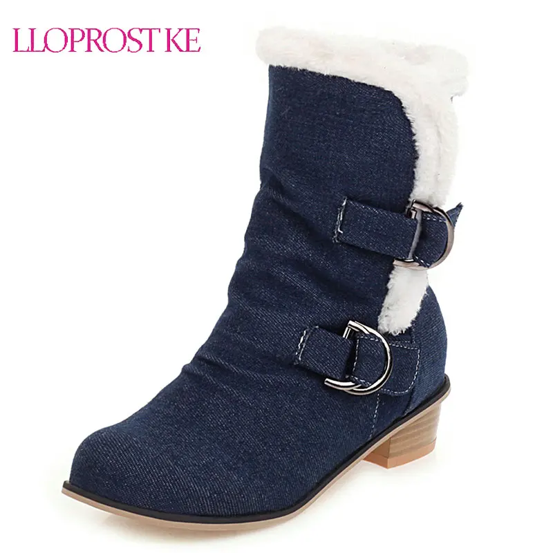 

Lloprost ke 2020 Big Size 34-48 Square Heels Ankle Boots Denim Keep Warm Plush Add Fur Winter Shoes Woman Snow Boots Female