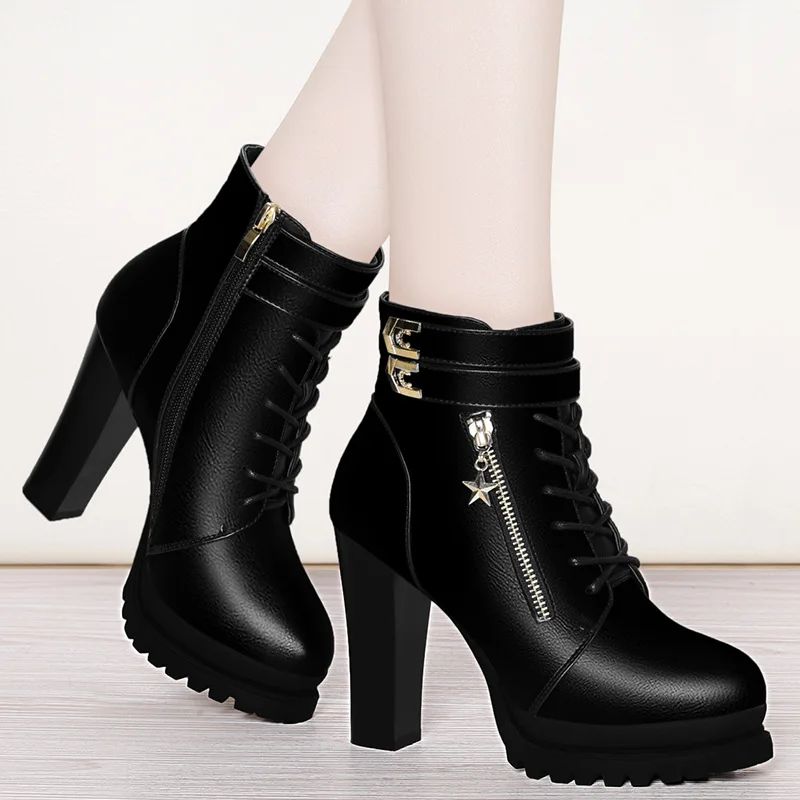 

Leather Boot High Heels Women's Winter Boots 2019 Autumn & Winter New Style Martin Boots plus Velvet Warm Boots WOMEN'S Shoes