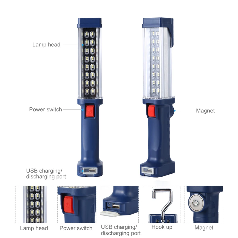 Powerful Working Flashlight Super Bright USB Rechargeable Magnetic Work Lamp Hanging Hook Built-in Battery Torch Light Outdoor