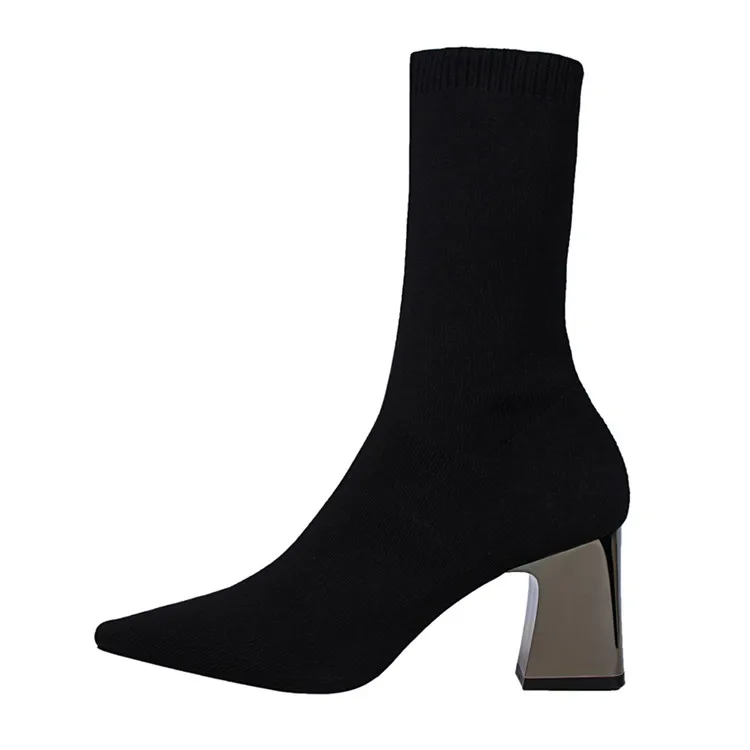 EilyKen/новые удобные зимние сапоги с вязаными носками абрикосового цвета женские полусапожки модная женская обувь на квадратном каблуке 7 см с металлическим украшением
