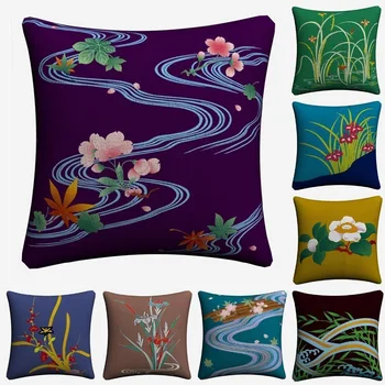 

Flowers On The River Japanese Art Decorative Pillow Case For Sofa 45x45cm Linen Cushion Cover Home Decor Pillow Covers Almofada
