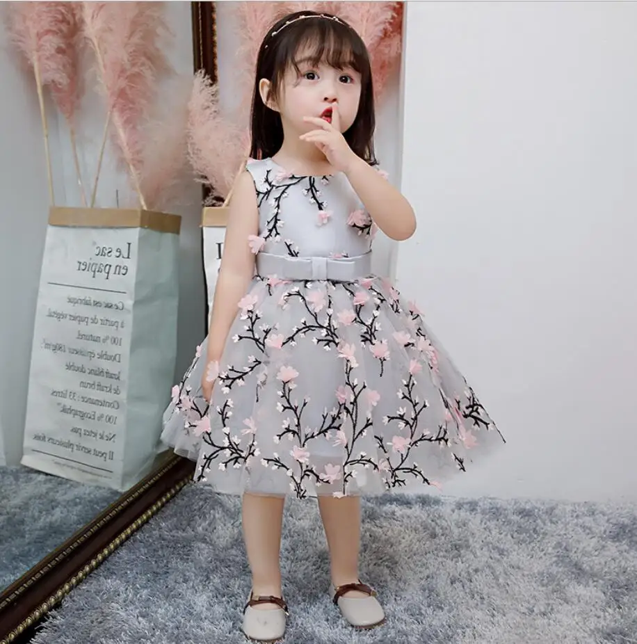 Glitz Children Baby Girl Dress Princess Ball Gown Bow Belt Baptism Dress Infant Birthday Wedding Party Christening Gown - Цвет: Серый