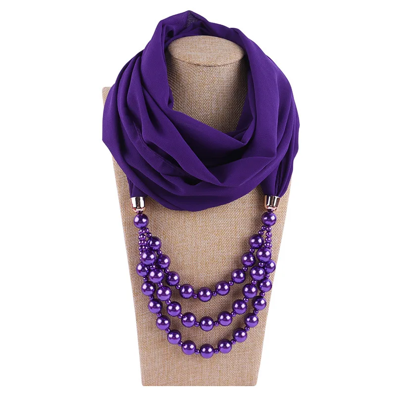 

Women Fashion Necklace Scarf Jewelry With Three pearl Chain Female Foulard Muslim Hijab Pendant Chiffon Head Scarves 180X48CM