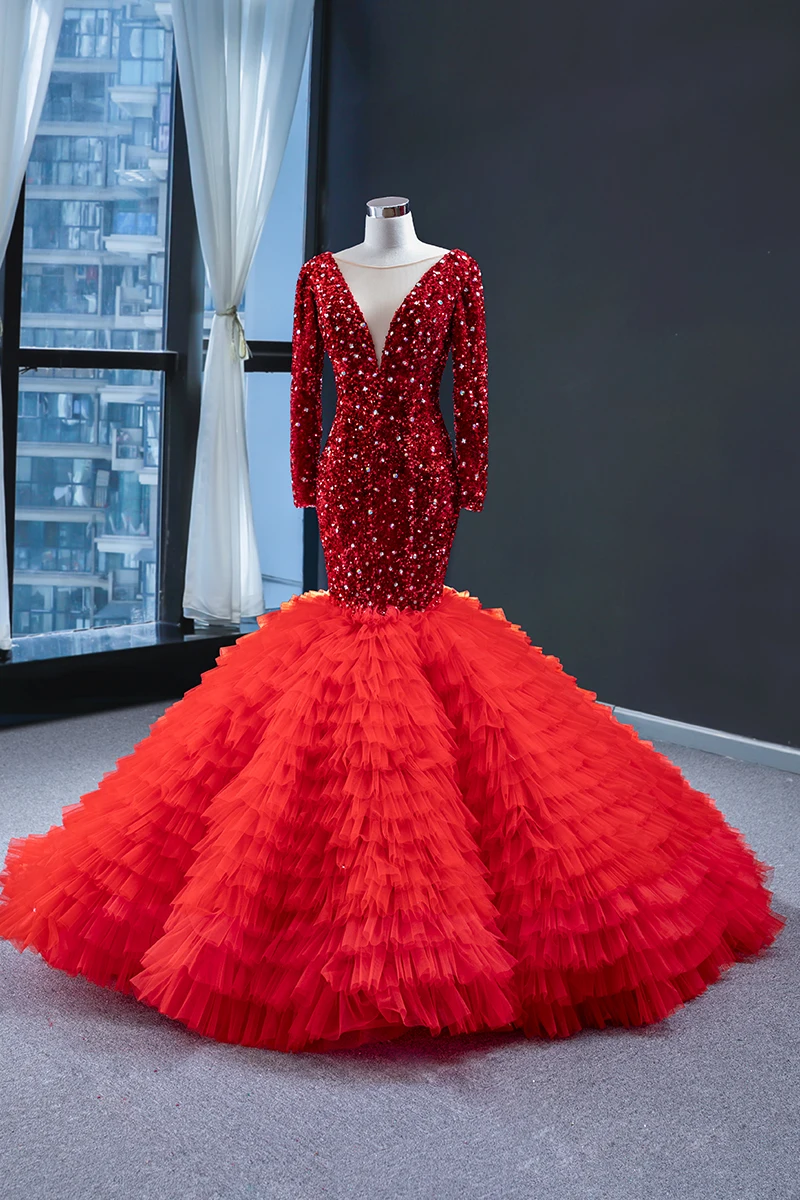 Sexy Luxury Mermaid Long Sleeve Crystal Rhinestones Evening Dress Evening Party Dresses Formal Gown Robe de Soiree MS01