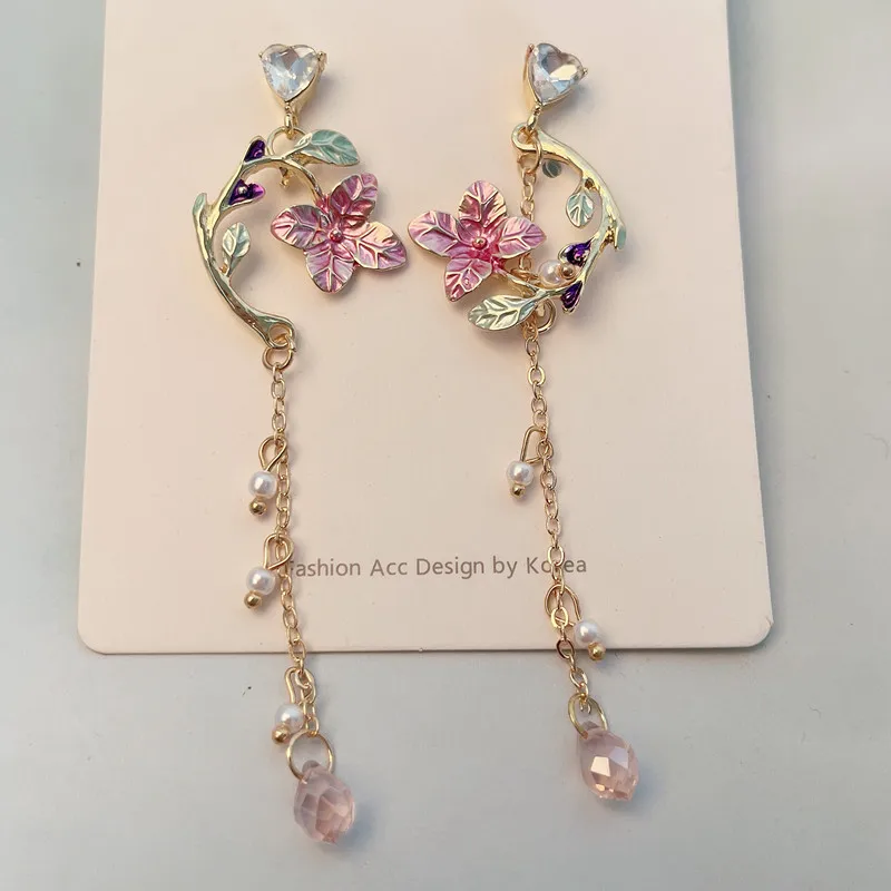 MWSONYA New Korean Pink Flowers Leaves Pendant Earrings Flower Tassel Earrings for Women Drop Jewelry