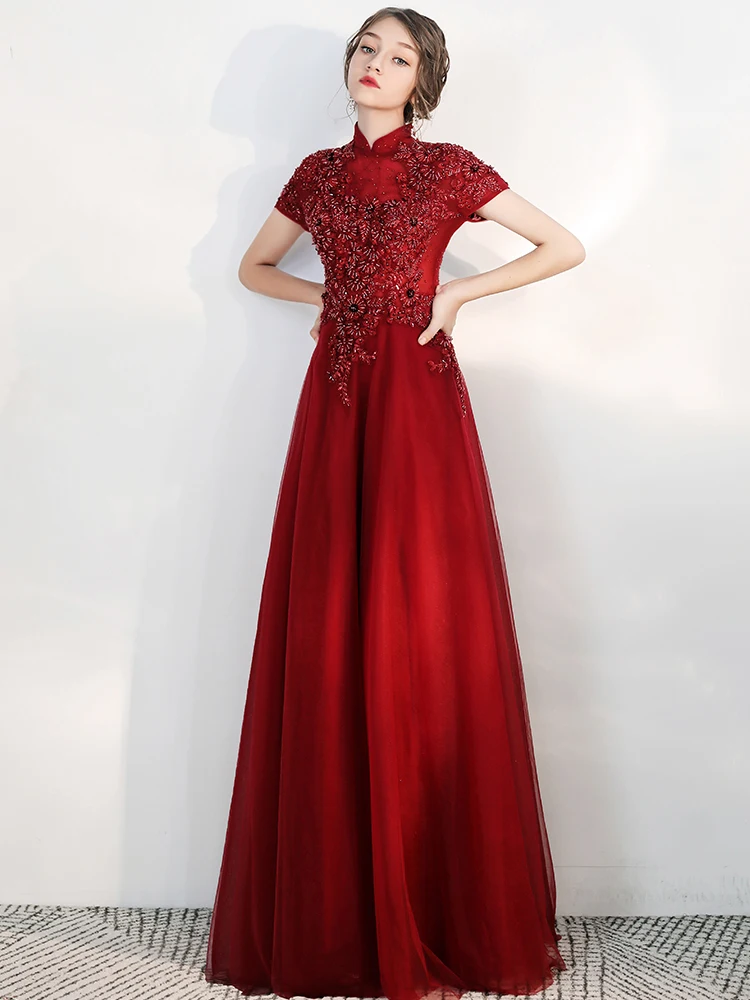 SSYFashion Новые Вечерние платья невесты роскошные бордовые с высоким вырезом Аппликации Короткие рукава, с бисером вечерние платья De Noche