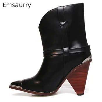 

High Cone Heels Boots Women Metal Pointy Toe Comfortable Slip On Party Bottes 2020 Autumn New Coming Casual Boots Woman Mujer