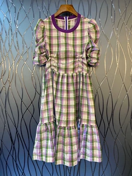 

2020 Spring and Summer New Women's Color Block Trim round Neck Back Zip Plaid Wrinkled Short Sleeve Dress 513