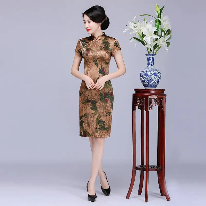 Короткий цветочный принт натуральный шелк Qipao сексуальный негабаритный 3XL тонкий леди с новогодней елкой, бумажный вечерние выпускное платье vestidos - Цвет: Коричневый