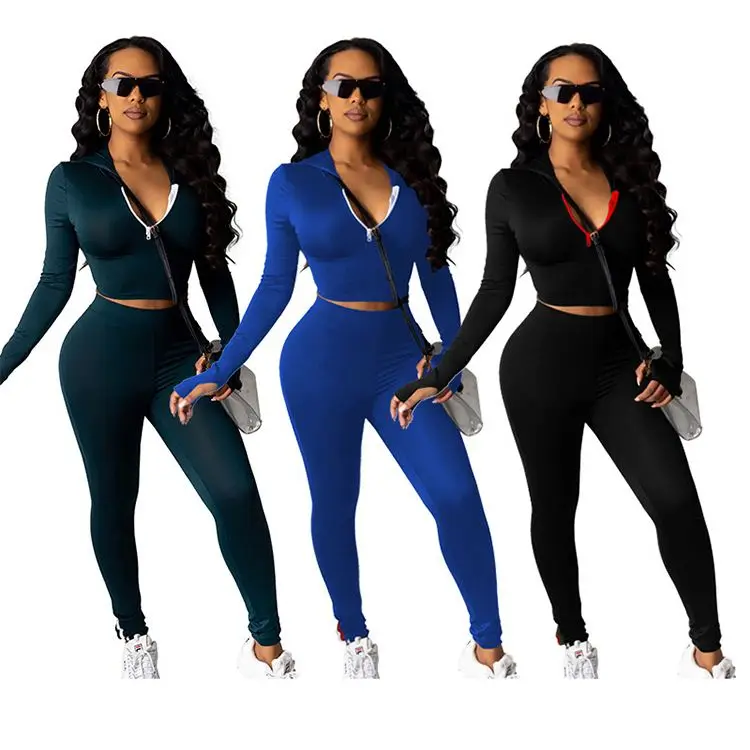 

New design solid color zip v neck full sleeve leisure sheath women Two Piece Set