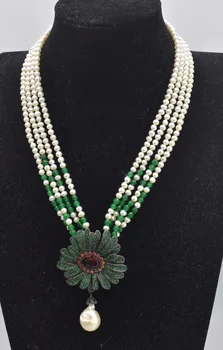 

4rows freshwater pearl +green jade white near round 3-5mm +green zircon pendant necklace 44-48cm wholesale for women xmas gift