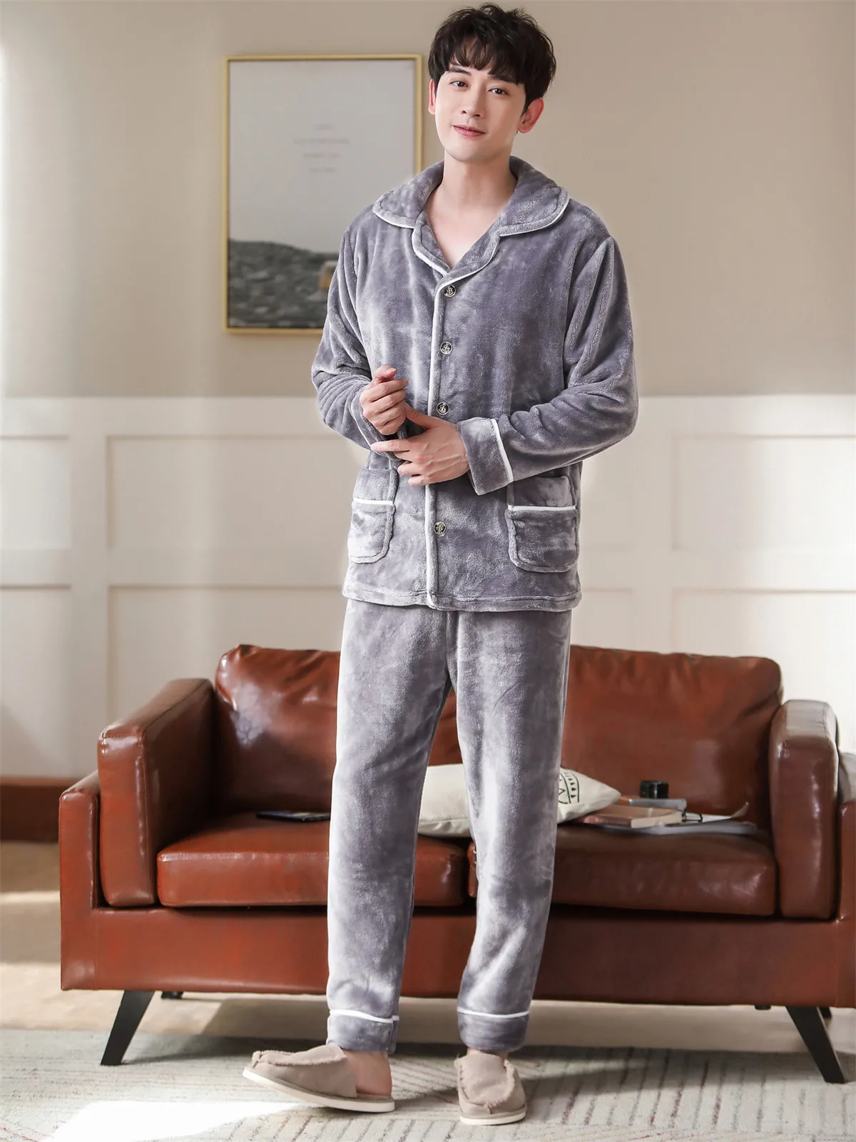 Men's Thicken Flannel Pajamas Sets Men Pajamas Coral Fleece Sleepwear Men Sexy Homewear Soft Warm Nightgown Men Winter Autumn red plaid pajama pants