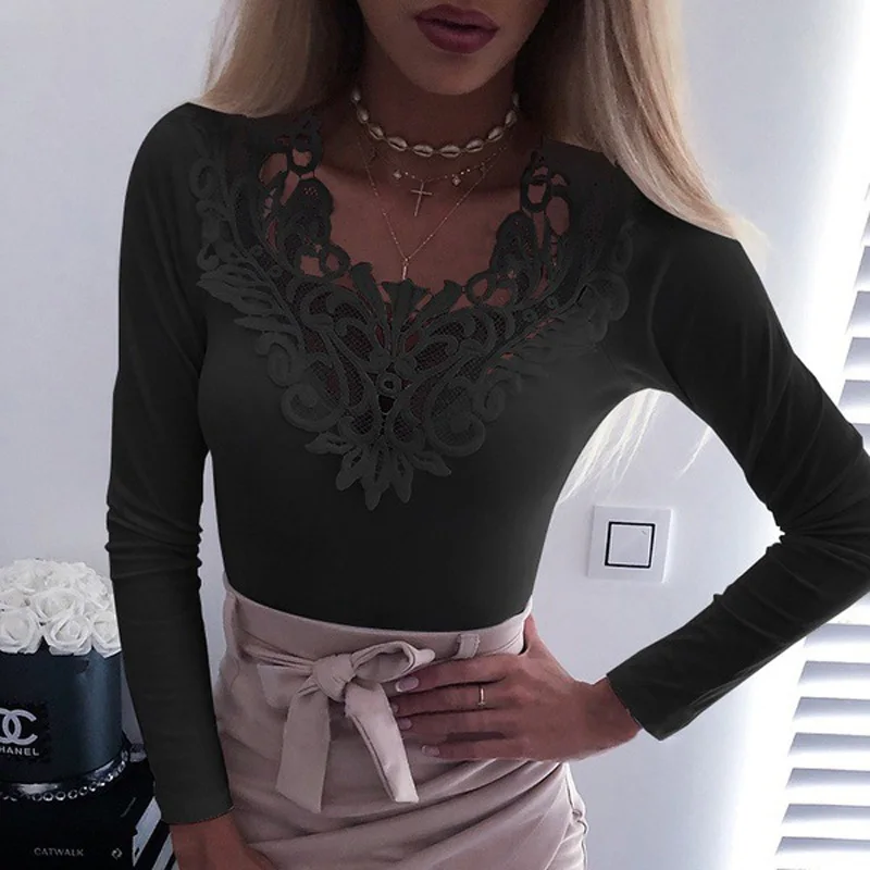 2020 Spring Lace Hollow Out Blouses Shirt Women Autumn Solid Long Sleeve Blouse Elegant Sexy V Neck Backless Slim Blusa Tops 5XL