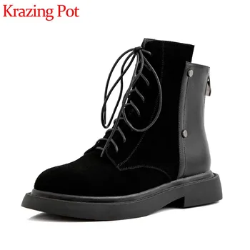 

Krazing Pot new design cow leather patchwork boots rock rivets med heels round toe lace up campus winter warm ankle boots L26