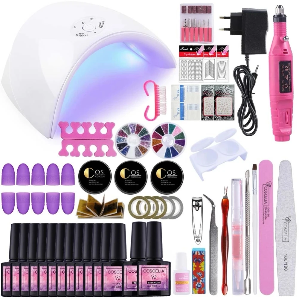  Manicure Set Nail Gel Polish Set Kit For Manicure Gel Varnish Nail Art Sets 36W UV Lamp Nail Dryer 