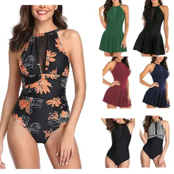 

Women 2020 New Summer Mesh Insert Plus Size 2XL One Piece Swimwear Swimsuit Sexy Stretch Bikini Beachwear Monokini Bathing Suit