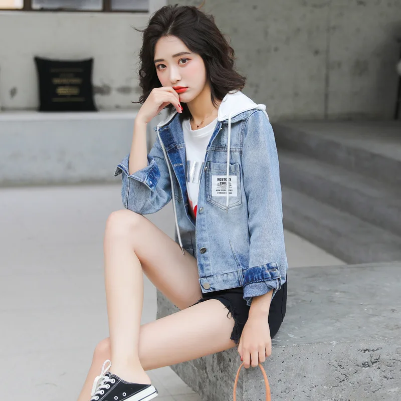 

Hooded Jeans Coat Women's 2019 Spring New Style Korean-style Slim Fit BF Hipster College Style Short Denim Top