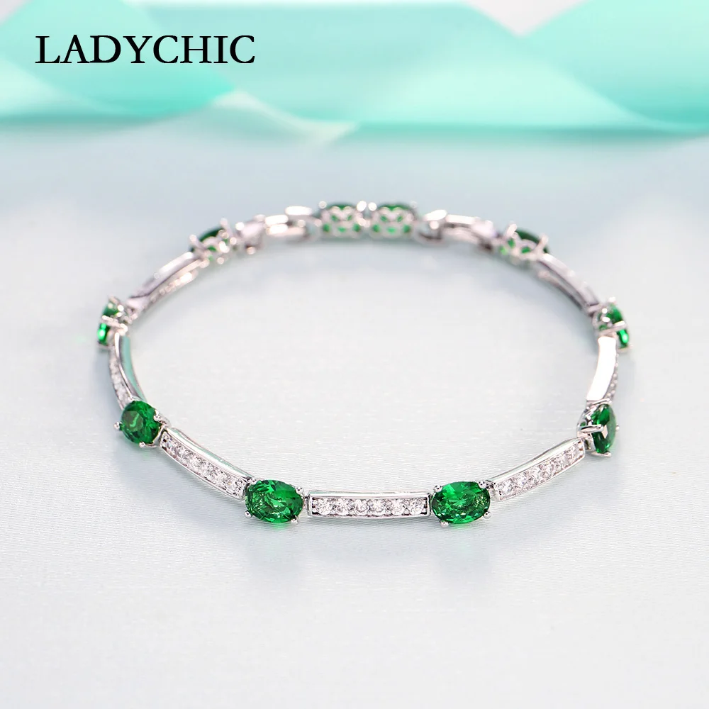 LADYCHIC Luxury Blue Green Oval Zircon Silver Color Bracelets Charming Crystal Bride Wedding Jewelry Women Fashion Bangle LB1001