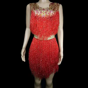 

Sparkly Gold Rhinestone Red Tassel Bodysuit Women Dance Costume Party Outfit Dancer Show Performance Stage Wear