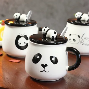 

Creative Cute Cartoon Panda Ceramic Mug With Lid and Spoon Breakfast Milk Coffee Cups Party Wedding Gifts