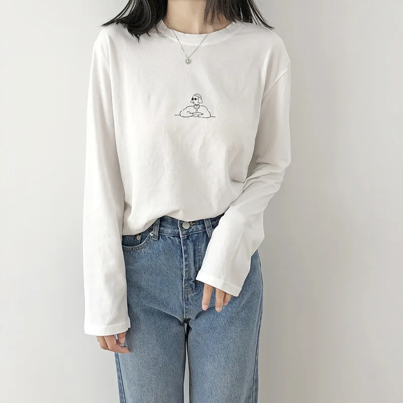 Круглый вырез длинный рукав женщины футболка осень мода повседневные женские свободные пуловеры