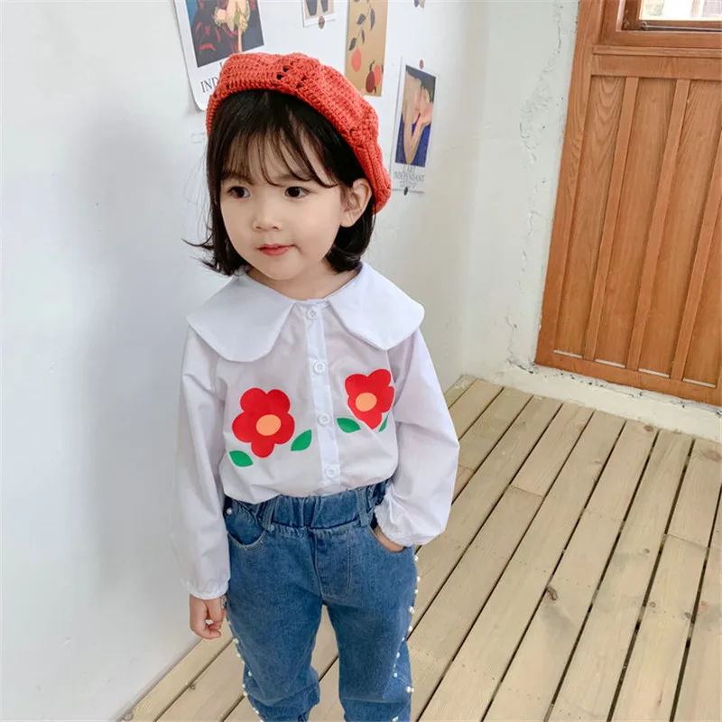 

2019 Autumn New Arrival Girls Long Sleeve Blouse Kids Fashion Floral Blouses White Top