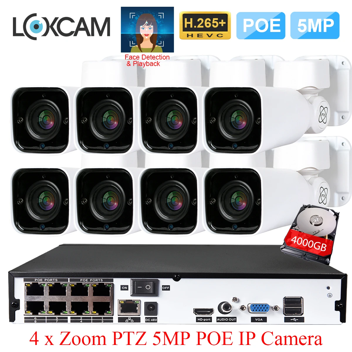 LOXCAM H.265+ 8CH 5MP NVR комплект камер видеонаблюдения 5MP PTZ с автоматическим зумом наружная Водонепроницаемая ip-камера безопасности комплект видеонаблюдения