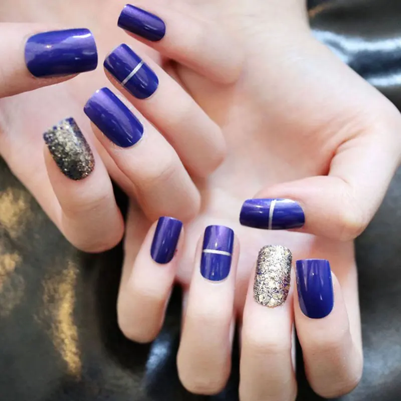 New Korean Summer Wearable Blue Long Square Head Fake Nail Tips Women Manicure Decorations DIY Artificial Nail Patches 24pcs