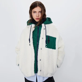 

2019 New ZA Stitching Jacket Women Fashion Hooded Collar Long Sleeve Elastic Cuff Pocket Metal Button Zipper Jacket Wholesale