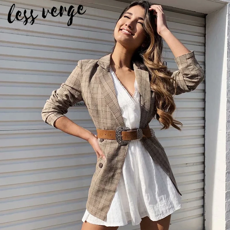 Lessverge офисный женский клетчатый Винтажный Длинный блейзер осень зима длинный рукав Блейзер платье пальто повседневное женское платье куртка для женщин