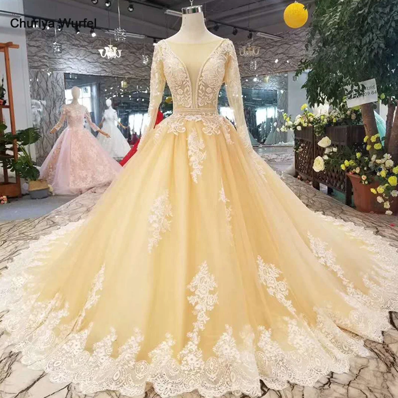 LSS153 пышные платья для девочек цвета шампанского с длинными рукавами из тюля и круглым вырезом, сексуальное кружевное платье с v-образным вырезом на спине и цветочным узором для выпускного вечера элегантные вечерние платья