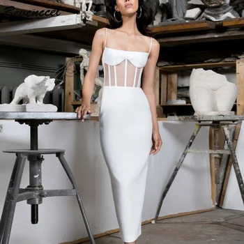 

2020 New Arrival Elegant Stretch Summer Maxi Dress Sexy Mesh Hollow Out Celebrity Evening Party Dress Vestidos Bandage Dress