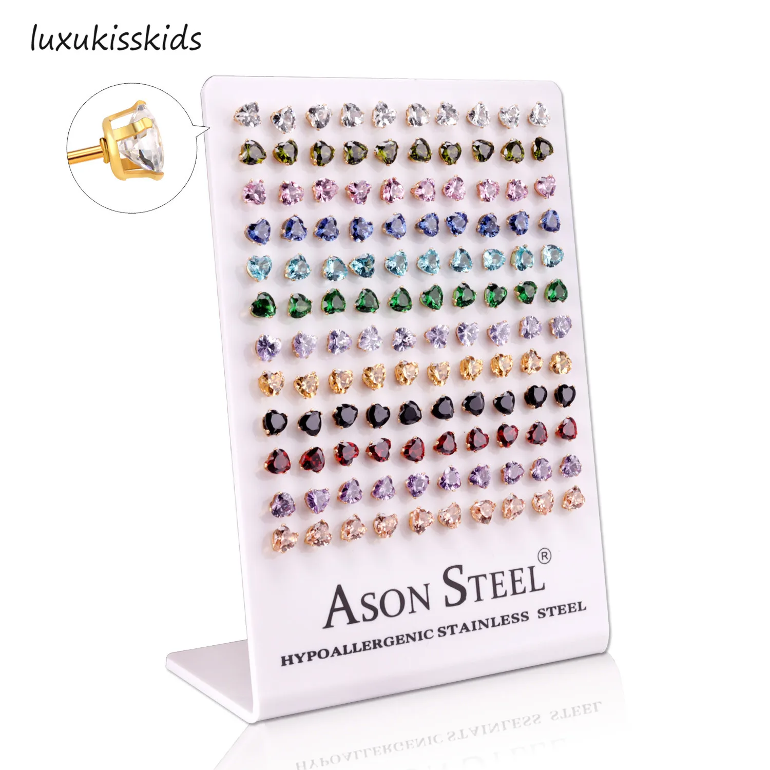 

LUXUKISSKIDS 60paris/lot Heart Zircon Small Stud Earrings Set Stainless Steel Screw Plug Earring For Women Kids Girl Men