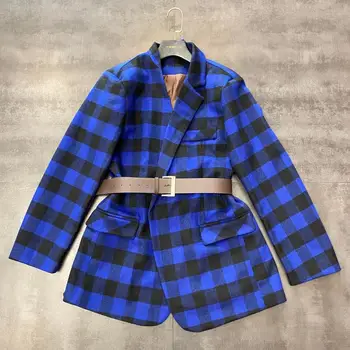 

2020 Spring New Large Squares Plaid Double Bib Hidden Button Belted Woolen Coat Women Long-Sleeve Suit Jacket Women's Blazer